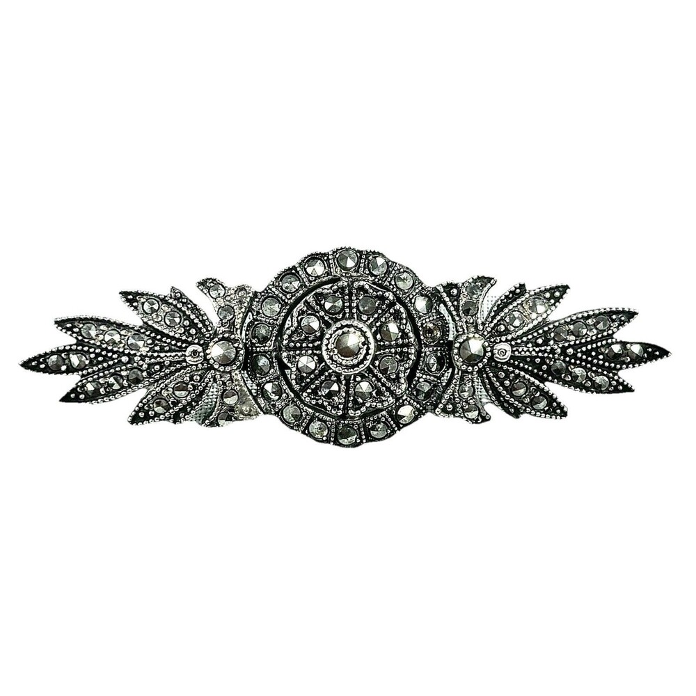 Vintage 925 Sterling Silver Marcasite Art Deco Style Bar Brooch Floral Pin